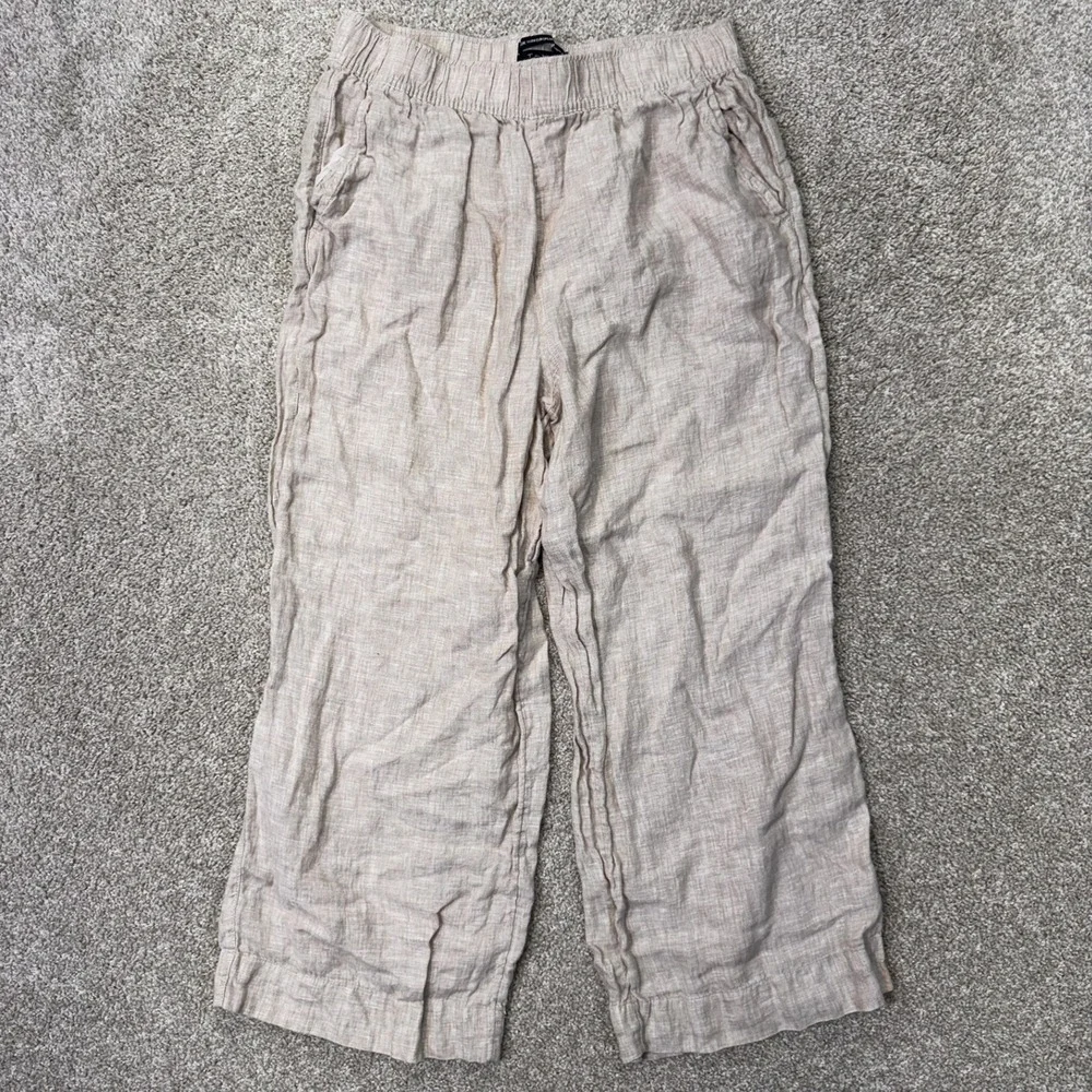 Tahari Linen Pants Mens L Wide Leg Beige European Flax Elastic Waist EUC